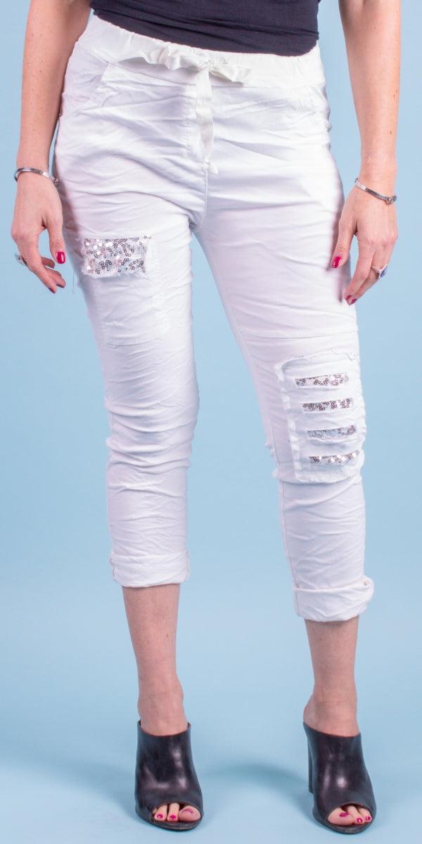 Toppa Sequin Pants - Gigi Moda - Made in Italy # cropped pant, Cropped pants, drawstring pant, drawstring pants, free shipping, Gigi Moda, Made in Italy, one size, OS, Pants, Sequins, Tie waist, washable