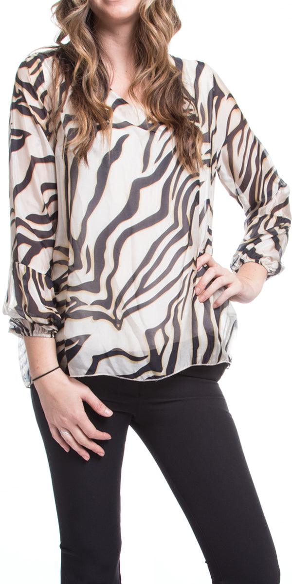 Zebra Top - Gigi Moda - Made in Italy # 100% Silk, Blouse, Gigi Moda, italian top, Made in Italy, OS, Sleeves, zebra print