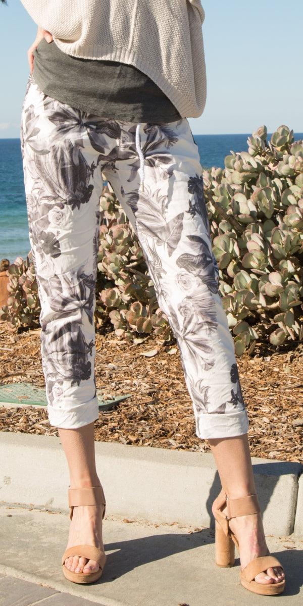 Cornelia Floral Pant - Gigi Moda - Made in Italy # cropped, cropped pant, Cropped pants, drawstring, drawstring pant, drawstring pants, floral, floral design, floral pattern, Floral Print, Gigi Moda, ikat print, Italian Clothing, linen, Made in Italy, Multi Floral Print, Pants, stretchy, summer, Tie waist, washable