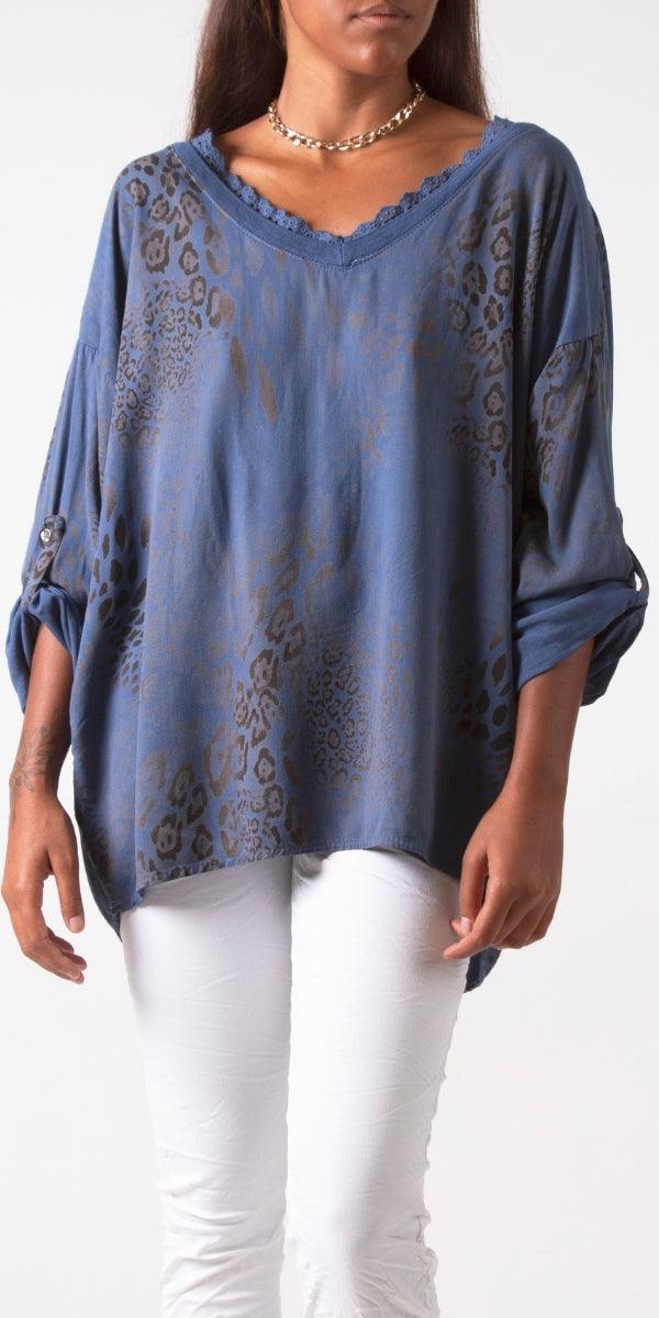 Lara Blouse - Gigi Moda - Made in Italy # Blouse, cuffed sleeves, Gigi Moda, italian top, lace trim, leopard print, Made in Italy, Top, V Neck