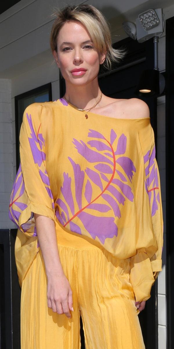 Seta Foglia Kaftan - Gigi Moda - Made in Italy # 100% Silk, Blouse, floral, floral design, Floral Print, gigi moda, italian silk blouse, Kaftan, Made in Italy, maxretail, OS, resort, resort wear, Silk, silk blouse