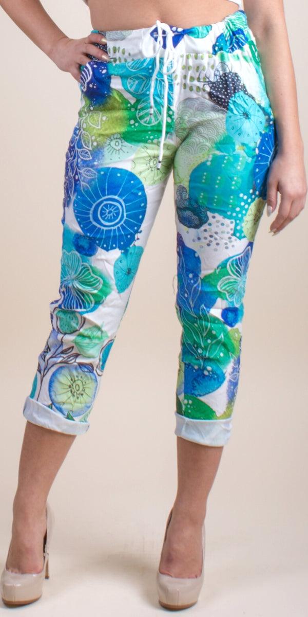 Geniviv Reef Print Pant - Shop Gigi Moda - Made in Italy # aqua, cuffed pant, drawstring, drawstring pant, drawstring pants, Floral Print, Gigi Moda, Made in Italy, one size, OS, Pants
