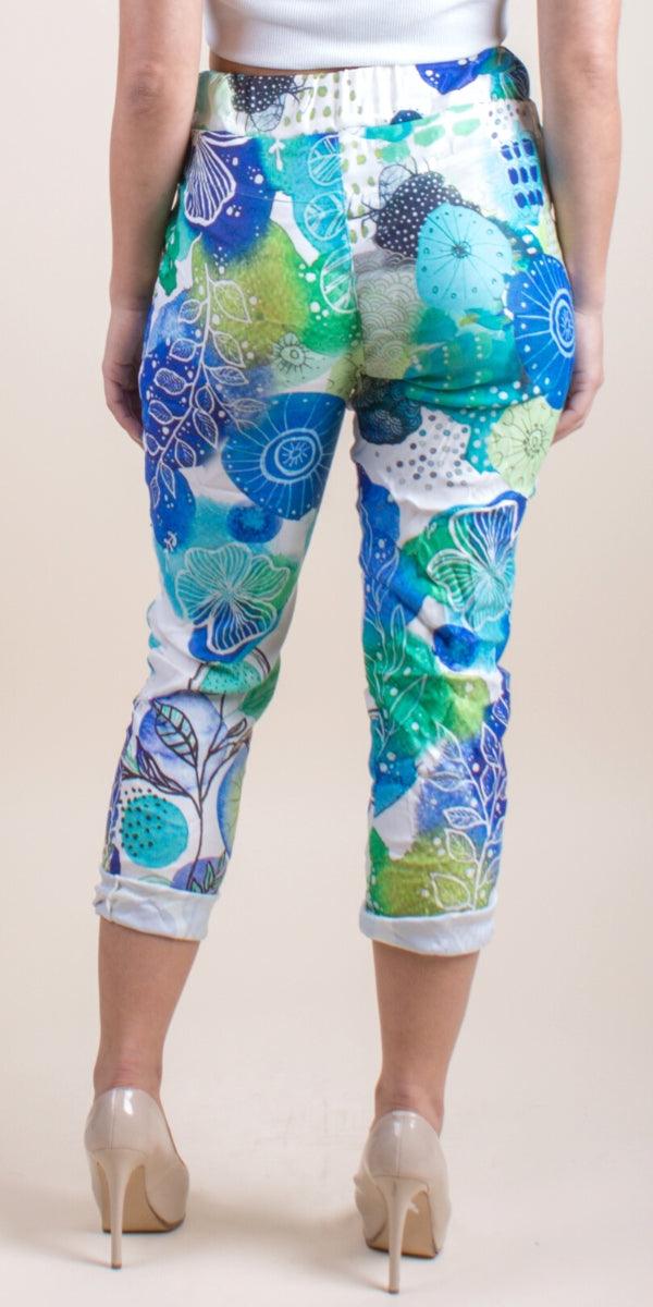Geniviv Reef Print Pant - Shop Gigi Moda - Made in Italy # aqua, cuffed pant, drawstring, drawstring pant, drawstring pants, Floral Print, Gigi Moda, Made in Italy, one size, OS, Pants