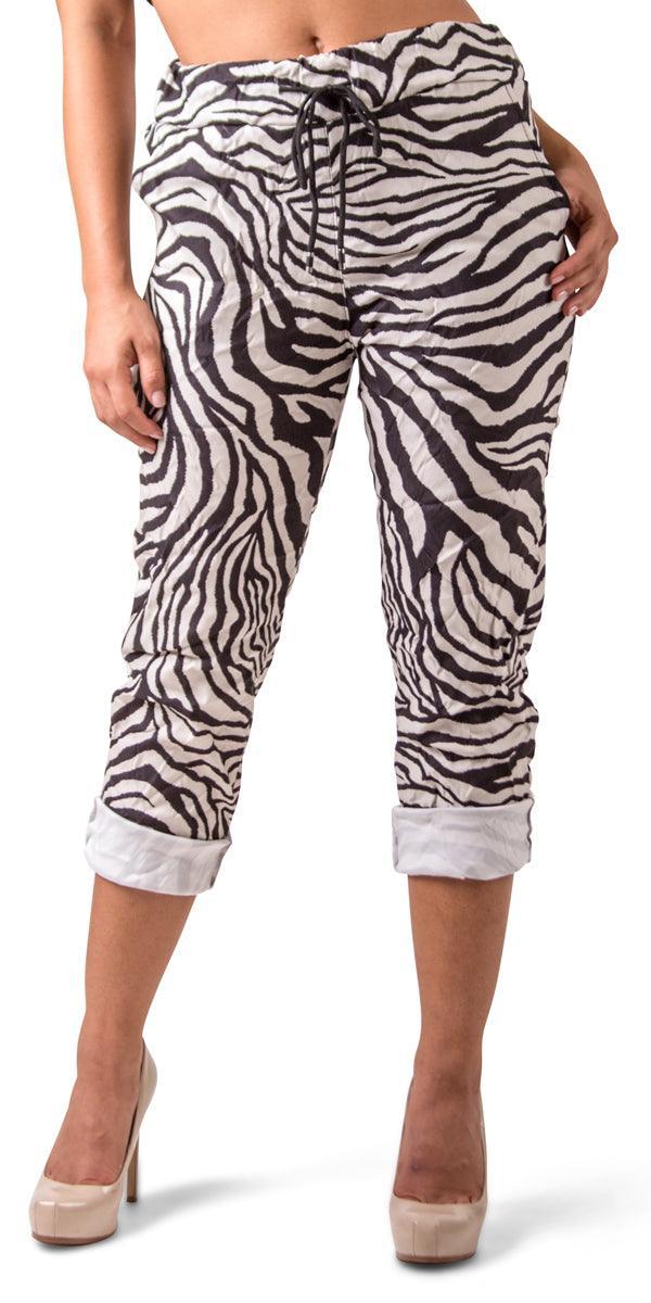 Geniviv Zebra Print Pant - Gigi Moda - Made in Italy # animal print, cuffed pant, drawstring, drawstring pant, drawstring pants, Gigi Moda, Made in Italy, one size, OS, Pants, Tie waist, zebra print