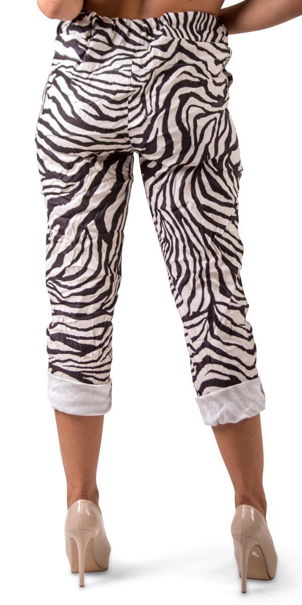Geniviv Zebra Print Pant - Gigi Moda - Made in Italy # animal print, cuffed pant, drawstring, drawstring pant, drawstring pants, Gigi Moda, Made in Italy, one size, OS, Pants, Tie waist, zebra print