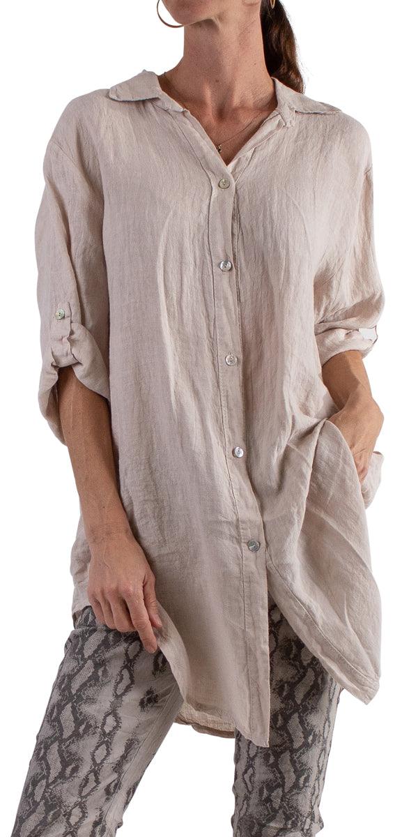 Trapani Button Down Linen Tunic - Gigi Moda - Made in Italy # 100% Linen, Blouse, button down, Cuffed Sleeves, Gigi Moda, italian top, Linen, Made in Italy, one size, OS, resort, resort wear, Top, tunic