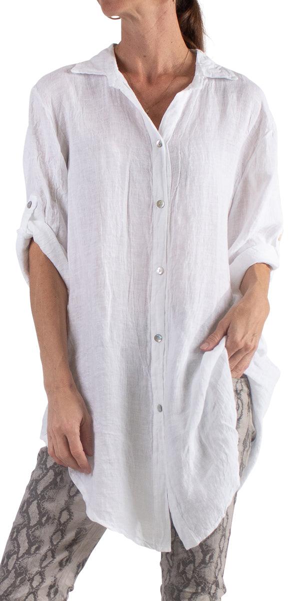 Trapani Button Down Linen Tunic - Gigi Moda - Made in Italy # 100% Linen, Blouse, button down, Cuffed Sleeves, Gigi Moda, italian top, Linen, Made in Italy, one size, OS, resort, resort wear, Top, tunic
