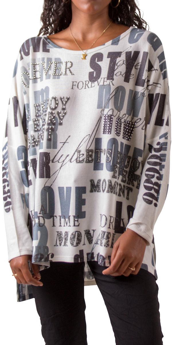 Per Sempre Blouse - Gigi Moda - Made in Italy # Blouse, free shipping, Gigi Moda, italian top, knit, Made in Italy, manuscript print, rhinestone, Top