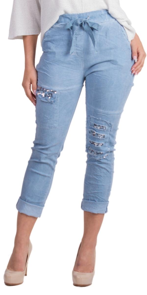 Toppa Sequin Pants - Gigi Moda - Made in Italy # cropped pant, Cropped pants, drawstring pant, drawstring pants, free shipping, Gigi Moda, Made in Italy, one size, OS, Pants, Sequins, Tie waist, washable