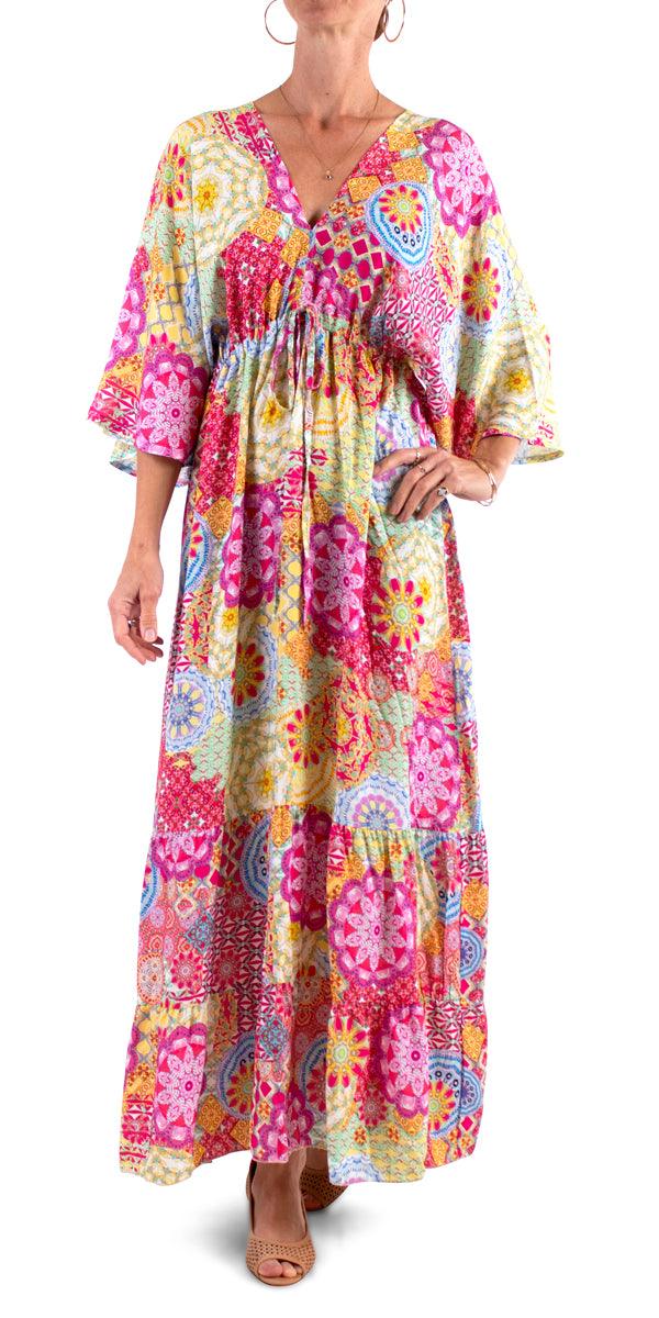 Agio Maxi Dress - Gigi Moda - Made in Italy # Dress, gigi moda, long dress, mandalay print, Maxi, paisley, resort wear, ruffled hem, ties in back, v neck