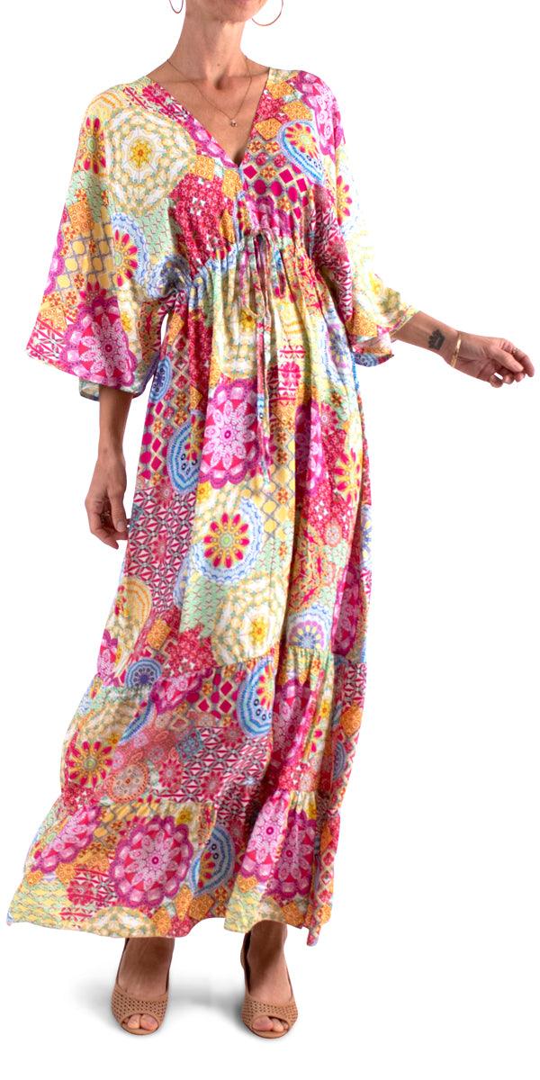 Agio Maxi Dress - Gigi Moda - Made in Italy # Dress, gigi moda, long dress, mandalay print, Maxi, paisley, resort wear, ruffled hem, ties in back, v neck