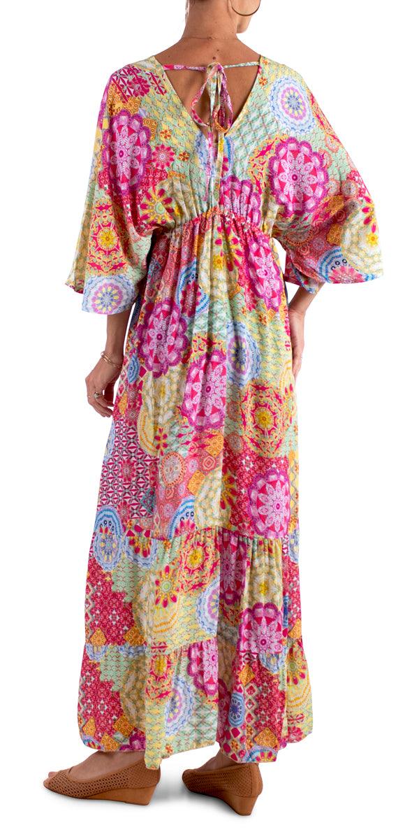 Agio Maxi Dress - Gigi Moda - Made in Italy # Dress, gigi moda, long dress, mandalay print, Maxi, paisley, resort wear, ruffled hem, ties in back, v neck