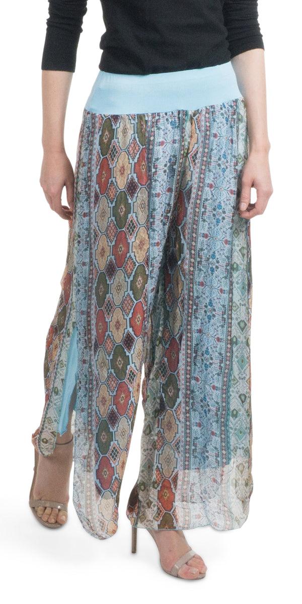 Jasmin Geometric Flower Slit Pant - Gigi Moda - Made in Italy # 100% Silk, Floral Print, Geometric Flower Print, Gigi Moda, Made in Italy, maxretail, OS, outlet, Pants, resort, resort wear, sale, Silk