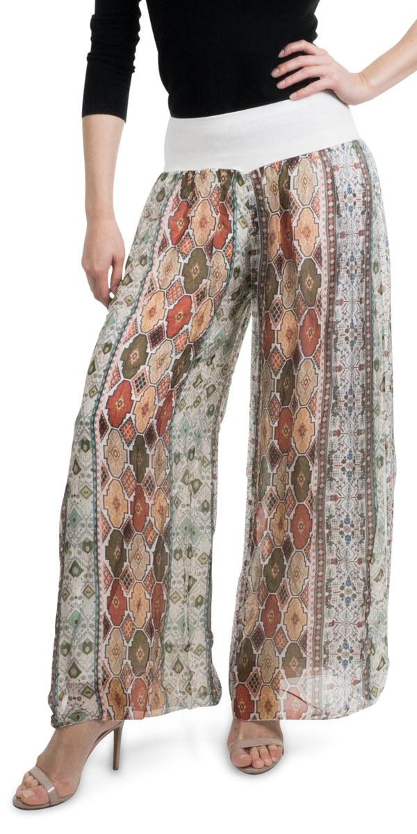 Jasmin Geometric Flower Slit Pant - Gigi Moda - Made in Italy # 100% Silk, Floral Print, Geometric Flower Print, Gigi Moda, Made in Italy, maxretail, OS, outlet, Pants, resort, resort wear, sale, Silk