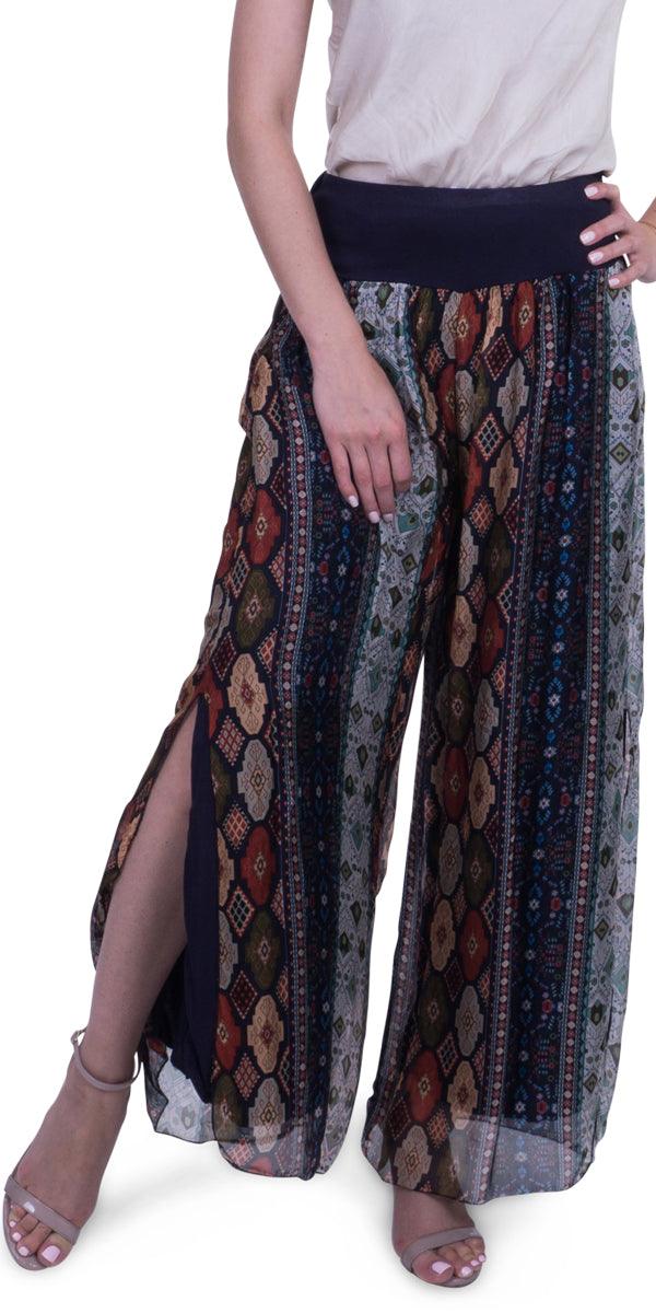 Jasmin Geometric Flower Slit Pant - Gigi Moda - Made in Italy # 100% Silk, Floral Print, Geometric Flower Print, Gigi Moda, Made in Italy, maxretail, OS, outlet, Pants, resort, resort wear, sale, Silk