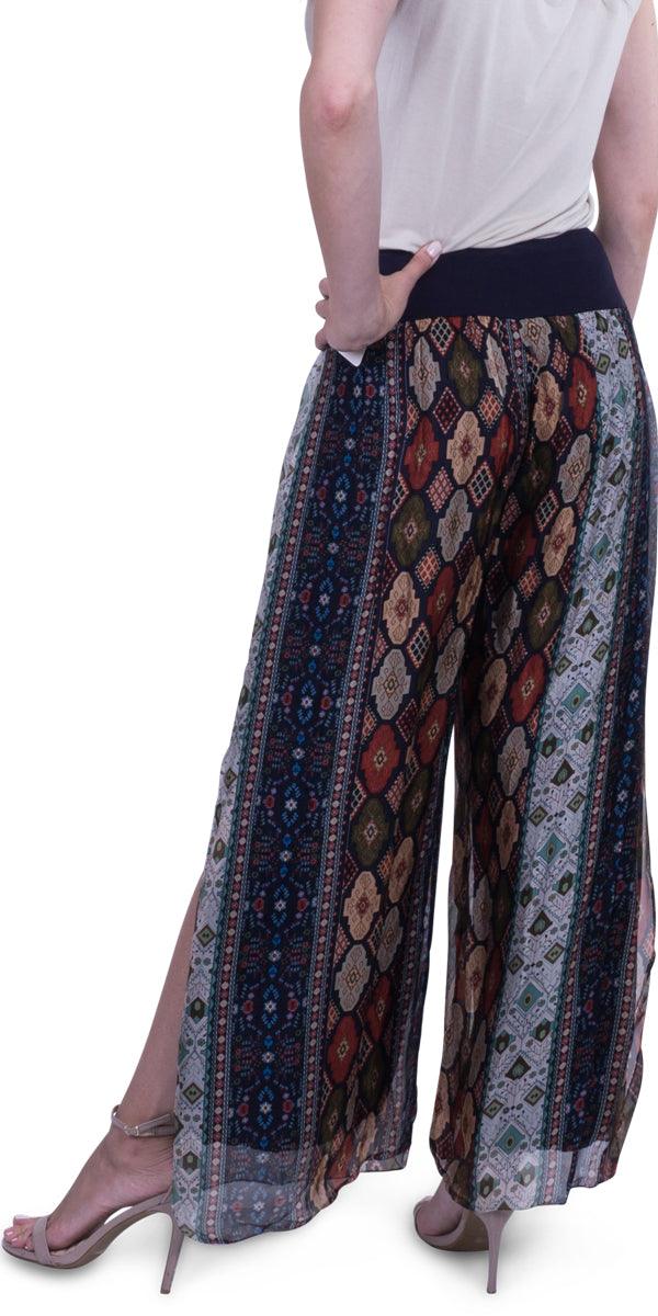 Jasmin Geometric Flower Slit Pant - Gigi Moda - Made in Italy # 100% Silk, Floral Print, Geometric Flower Print, Gigi Moda, Made in Italy, maxretail, OS, outlet, Pants, resort, resort wear, sale, Silk