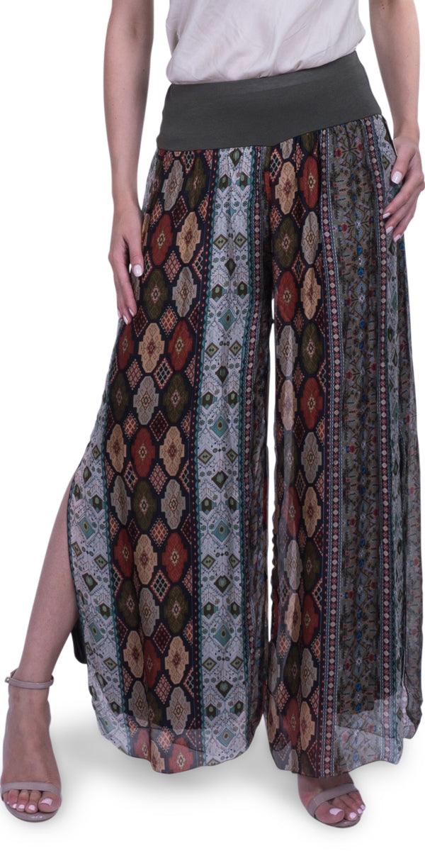 Jasmin Geometric Flower Slit Pant - Gigi Moda - Made in Italy # 100% Silk, Floral Print, Geometric Flower Print, Gigi Moda, Made in Italy, maxretail, OS, outlet, Pants, resort, resort wear, sale, Silk