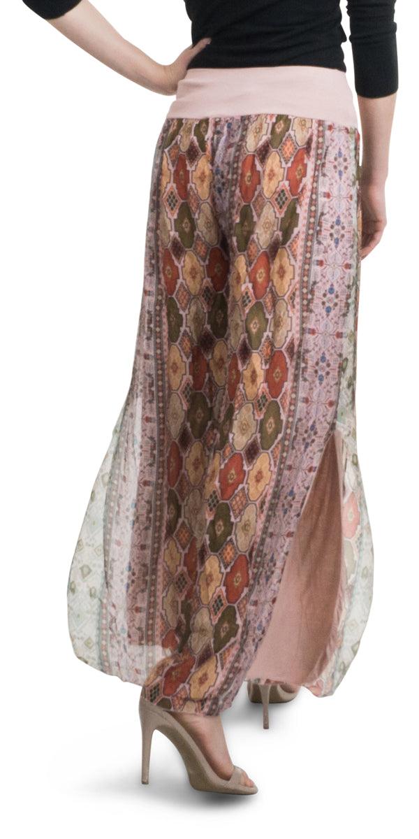 Jasmin Geometric Flower Slit Pant - Gigi Moda - Made in Italy # 100% Silk, Floral Print, Geometric Flower Print, Gigi Moda, Made in Italy, maxretail, OS, outlet, Pants, resort, resort wear, sale, Silk