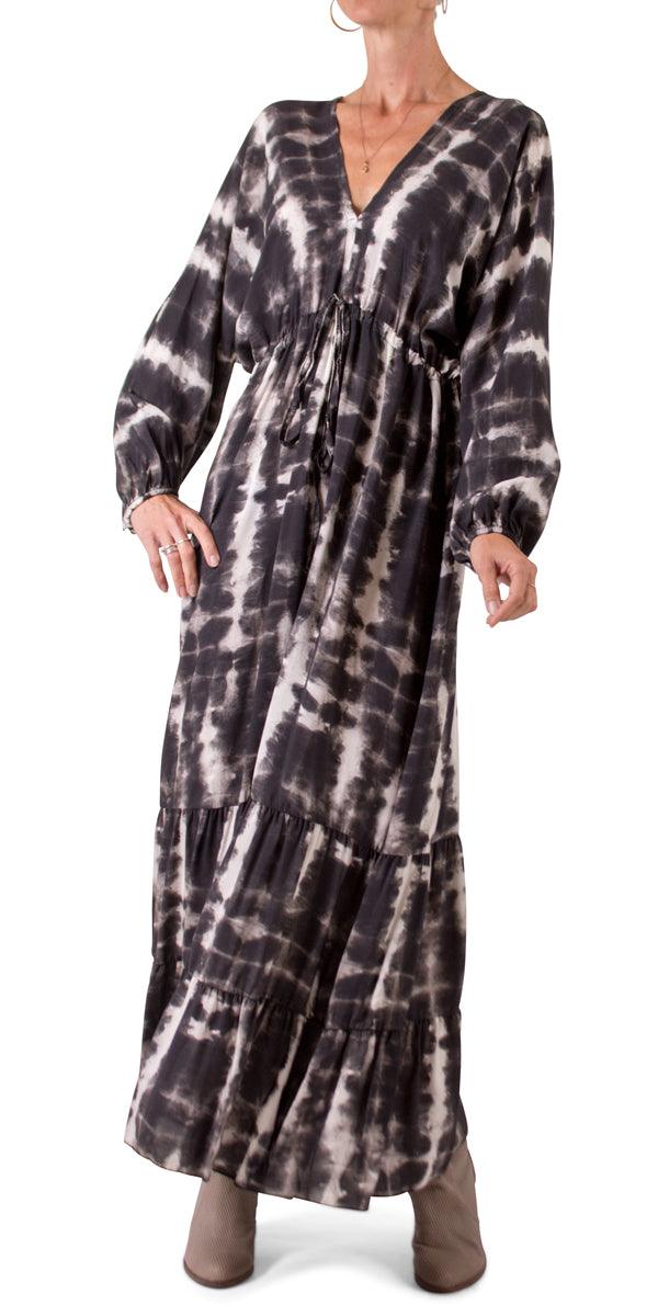 Tie-Dye Maxi Dress - Gigi Moda - Made in Italy # Dress, gigi moda, long dress, Maxi, paisley, resort wear, ruffled hem, Tie Dye, ties in back, v neck