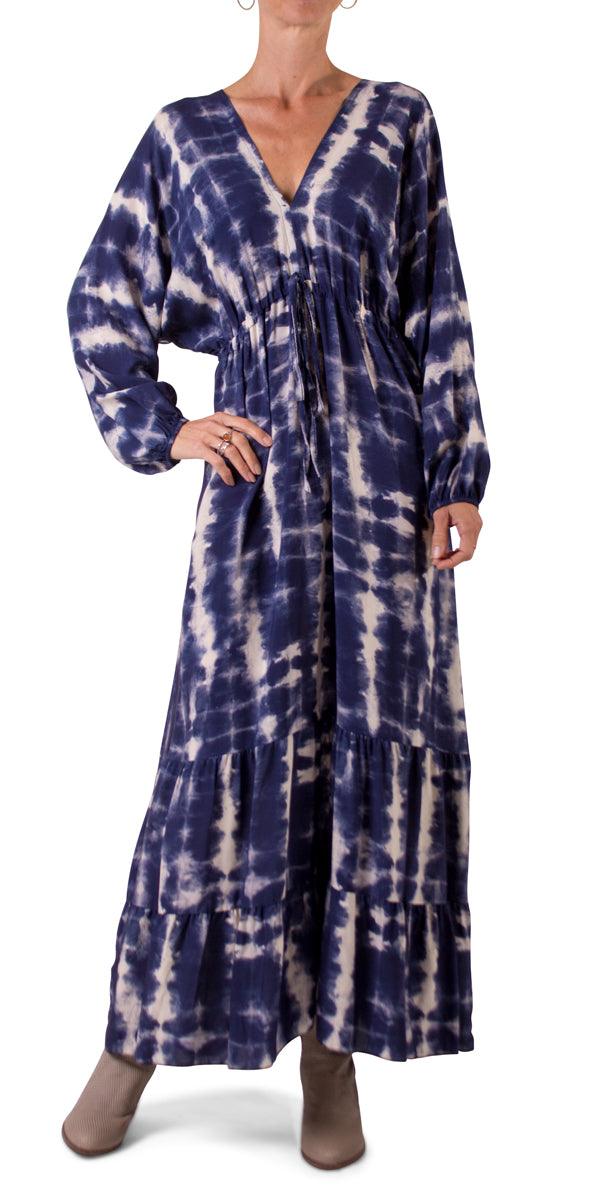 Tie-Dye Maxi Dress - Gigi Moda - Made in Italy # Dress, gigi moda, long dress, Maxi, paisley, resort wear, ruffled hem, Tie Dye, ties in back, v neck
