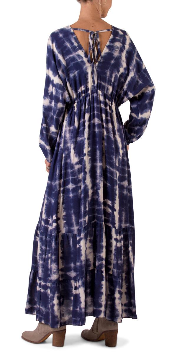Tie-Dye Maxi Dress - Gigi Moda - Made in Italy # Dress, gigi moda, long dress, Maxi, paisley, resort wear, ruffled hem, Tie Dye, ties in back, v neck
