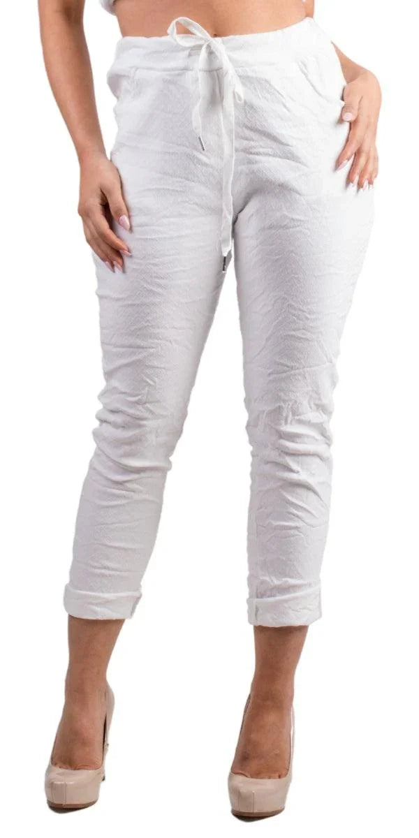 Diamante Tie-Waist Pants - Gigi Moda - Made in Italy # COMFY PANTS, Cropped pants, cuffed pant, gigi moda, graphic print, Italian pant, Made in Italy, Pants, STRETCHY PANT, tie waist