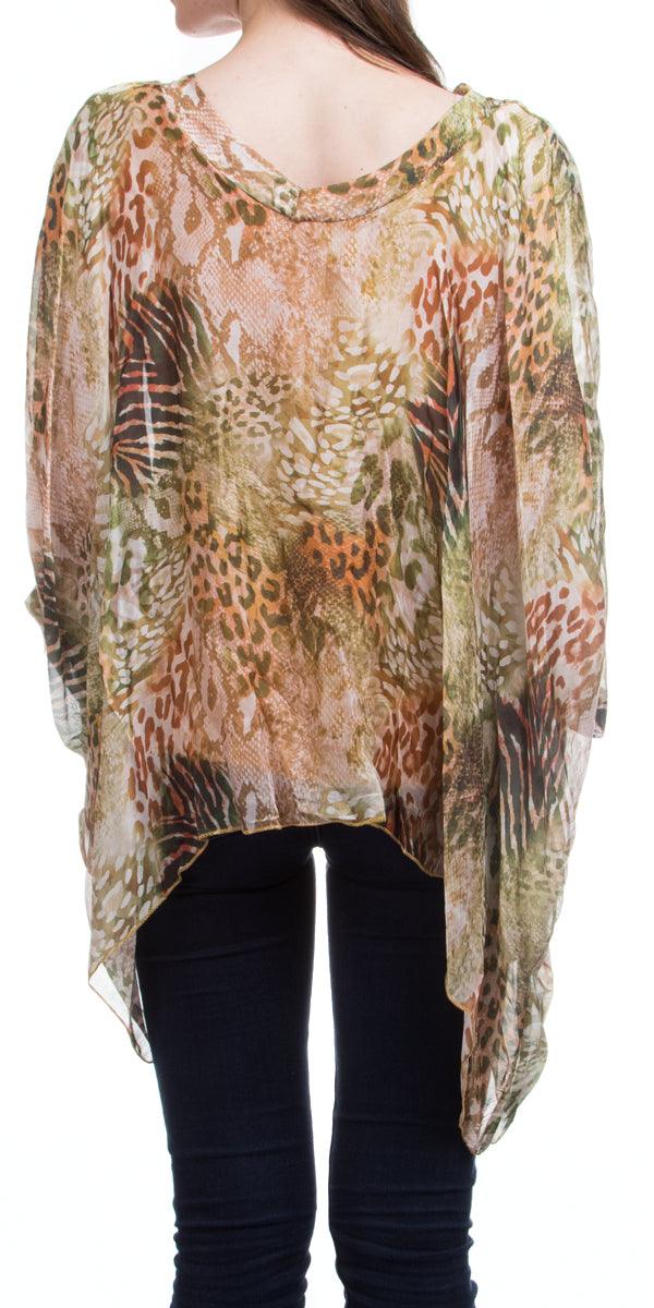 Seta Vee Bea Kaftan - Gigi Moda - Made in Italy # 100% Silk, animal print, Blouse, Gigi Moda, italian top, Kaftan, Made in Italy, OS, Silk, Top, V Neck