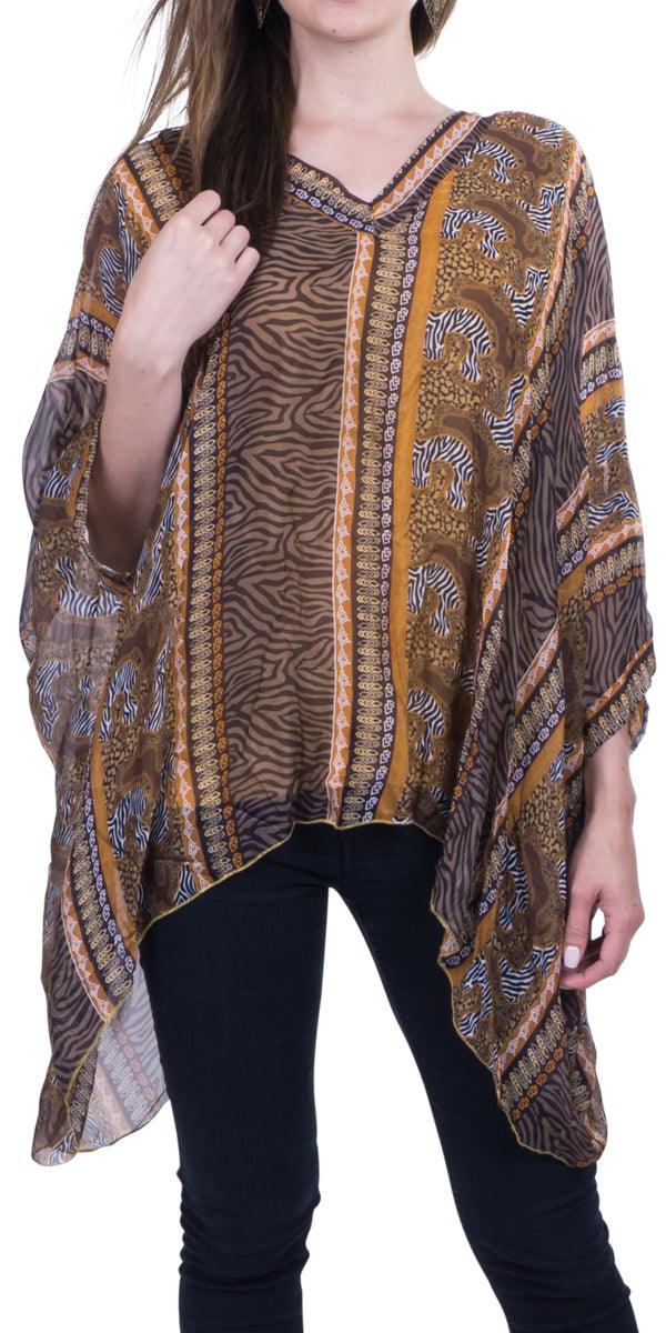 Seta Vee Tribal Kaftan - Gigi Moda - Made in Italy # 100% Silk, animal print, Blouse, Gigi Moda, italian top, Kaftan, Made in Italy, maxretail, OS, Silk, Top, V Neck