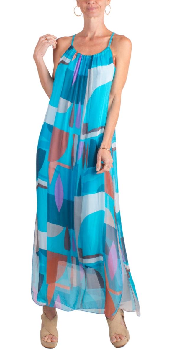 Venus Graphic Dress - Gigi Moda - Made in Italy # 100% silk, Dress, Long, Made in Italy, Maxi, maxi dress, one size fits most, side slit, Silk, Sleeveless, Slits, Spaghetti Strap, spring, summer
