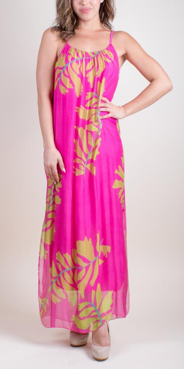 Venus Foglia Dress - Gigi Moda - Made in Italy # 100% silk, Dress, floral, floral design, floral pattern, Floral Print, Long, Made in Italy, Maxi, maxi dress, one size fits most, side slit, Silk, Sleeveless, Slits, Spaghetti Strap, spring, summer