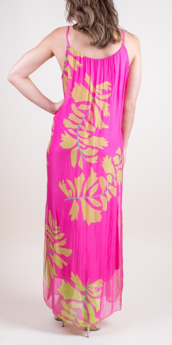 Venus Foglia Dress - Gigi Moda - Made in Italy # 100% silk, Dress, floral, floral design, floral pattern, Floral Print, Long, Made in Italy, Maxi, maxi dress, one size fits most, side slit, Silk, Sleeveless, Slits, Spaghetti Strap, spring, summer
