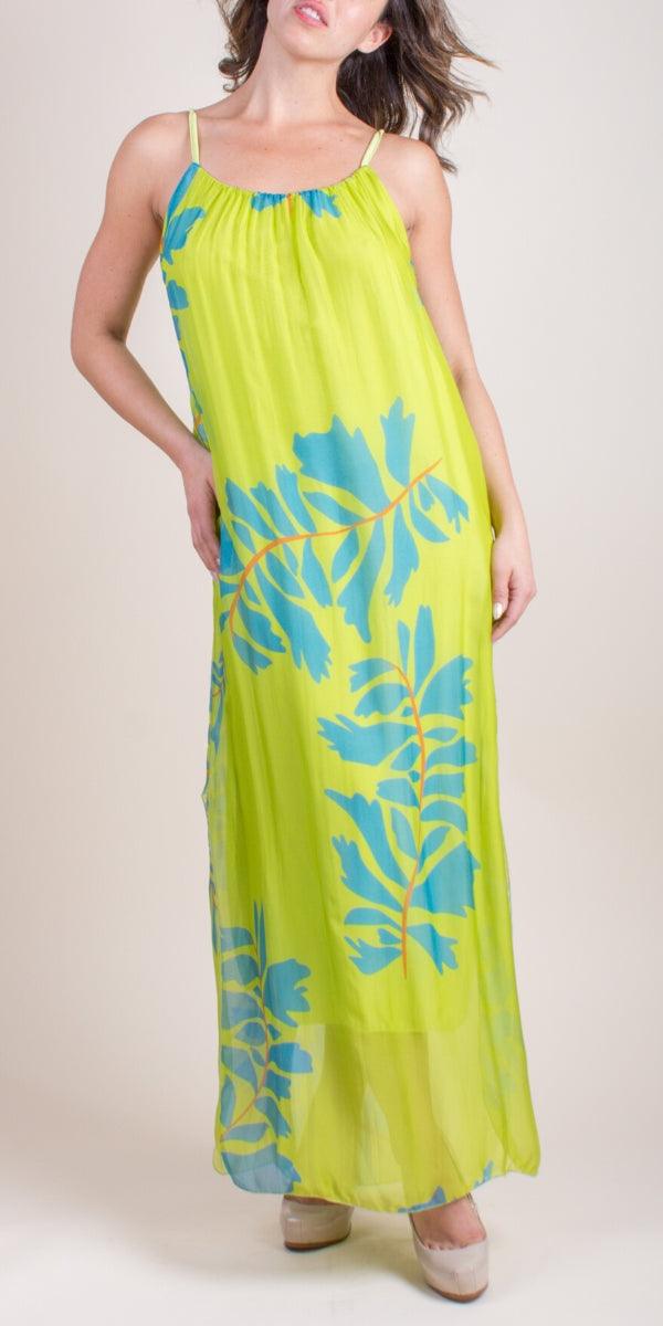 Venus Foglia Dress - Gigi Moda - Made in Italy # 100% silk, Dress, floral, floral design, floral pattern, Floral Print, Long, Made in Italy, Maxi, maxi dress, one size fits most, side slit, Silk, Sleeveless, Slits, Spaghetti Strap, spring, summer