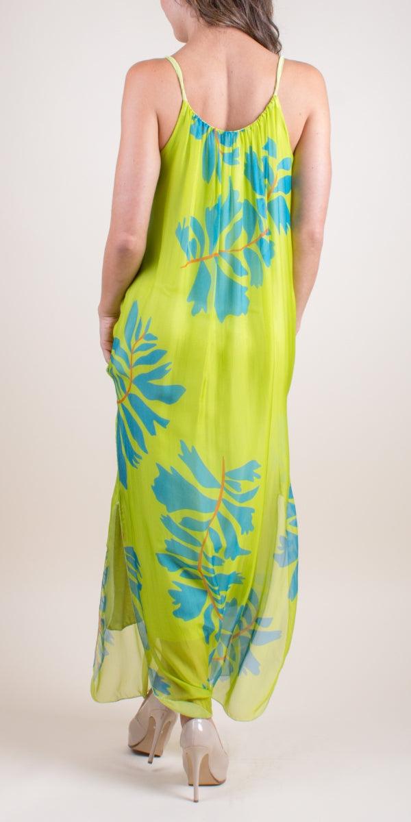Venus Foglia Dress - Gigi Moda - Made in Italy # 100% silk, Dress, floral, floral design, floral pattern, Floral Print, Long, Made in Italy, Maxi, maxi dress, one size fits most, side slit, Silk, Sleeveless, Slits, Spaghetti Strap, spring, summer