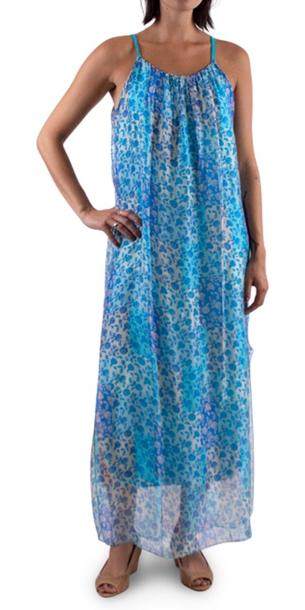 Venus Rosebud Dress - Gigi Moda - Made in Italy # 100% silk, Dress, floral print, Long, Made in Italy, Maxi, maxi dress, one size fits most, side slit, Silk, Sleeveless, Slits, Spaghetti Strap, spring, summer