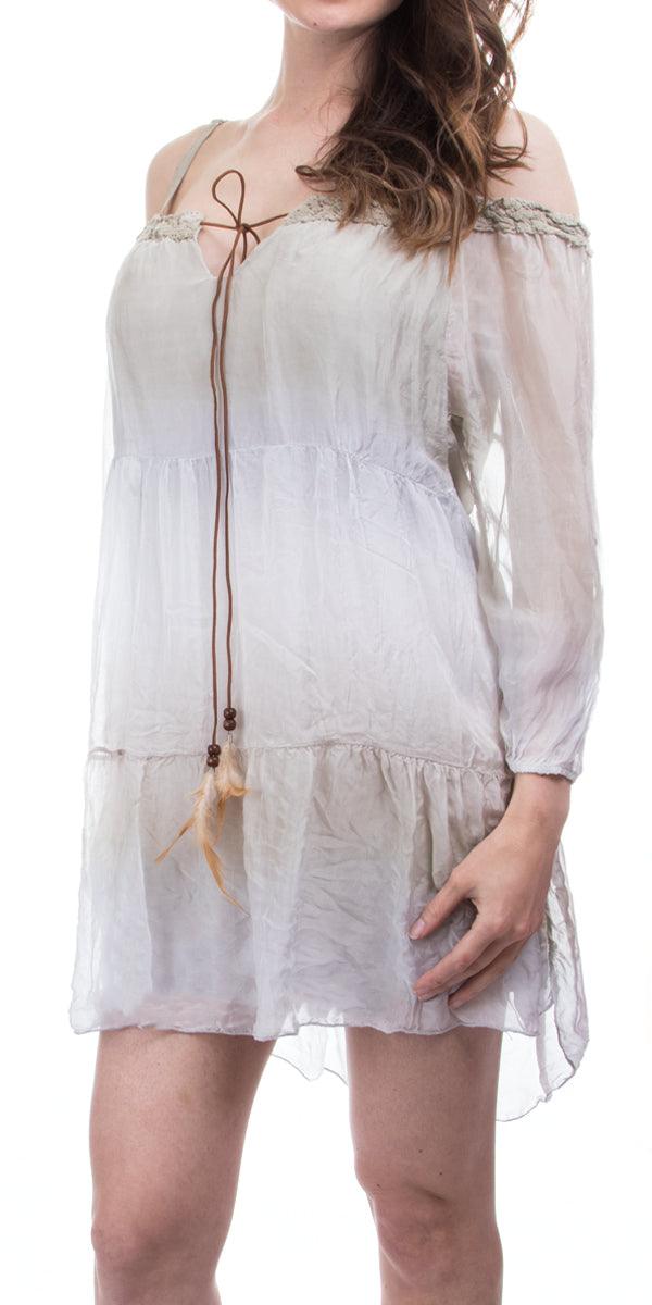 Tatiana Dress - Gigi Moda - Made in Italy # Feathers, Festival, Long Sleeve, Off the Shoulder, Ombre, Tiered