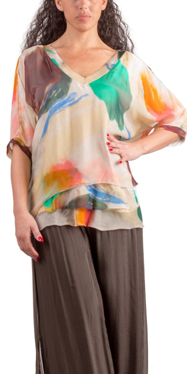 Diana Brushstroke Blouse - Gigi Moda - Made in Italy # 100% silk, animal print, blouse, colorful, colorful print, frayed edge, gigi moda, italian silk blouse, made in italy, silk, silk blouse, silk top