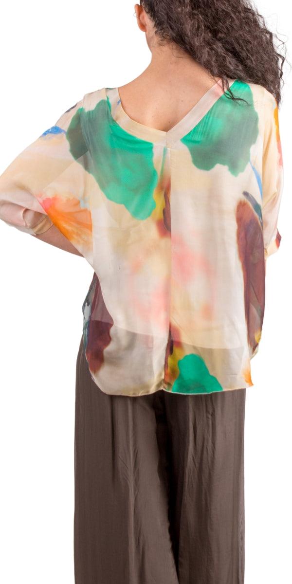 Diana Brushstroke Blouse - Gigi Moda - Made in Italy # 100% silk, animal print, blouse, colorful, colorful print, frayed edge, gigi moda, italian silk blouse, made in italy, silk, silk blouse, silk top