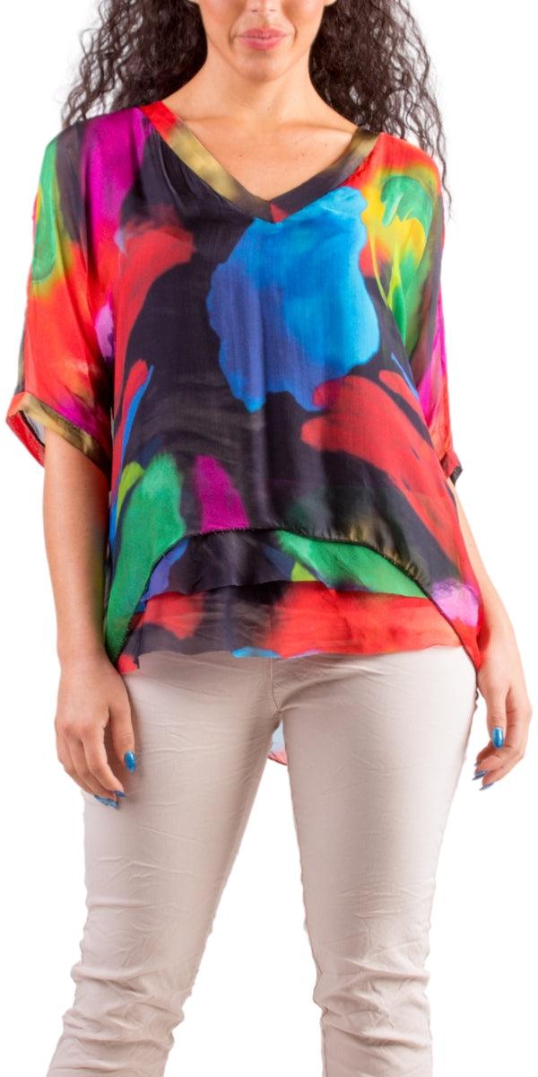 Diana Brushstroke Blouse - Gigi Moda - Made in Italy # 100% silk, animal print, blouse, colorful, colorful print, frayed edge, gigi moda, italian silk blouse, made in italy, silk, silk blouse, silk top