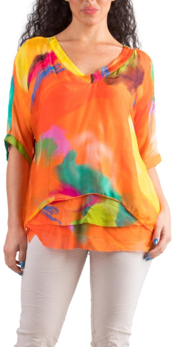 Diana Brushstroke Blouse - Gigi Moda - Made in Italy # 100% silk, animal print, blouse, colorful, colorful print, frayed edge, gigi moda, italian silk blouse, made in italy, silk, silk blouse, silk top