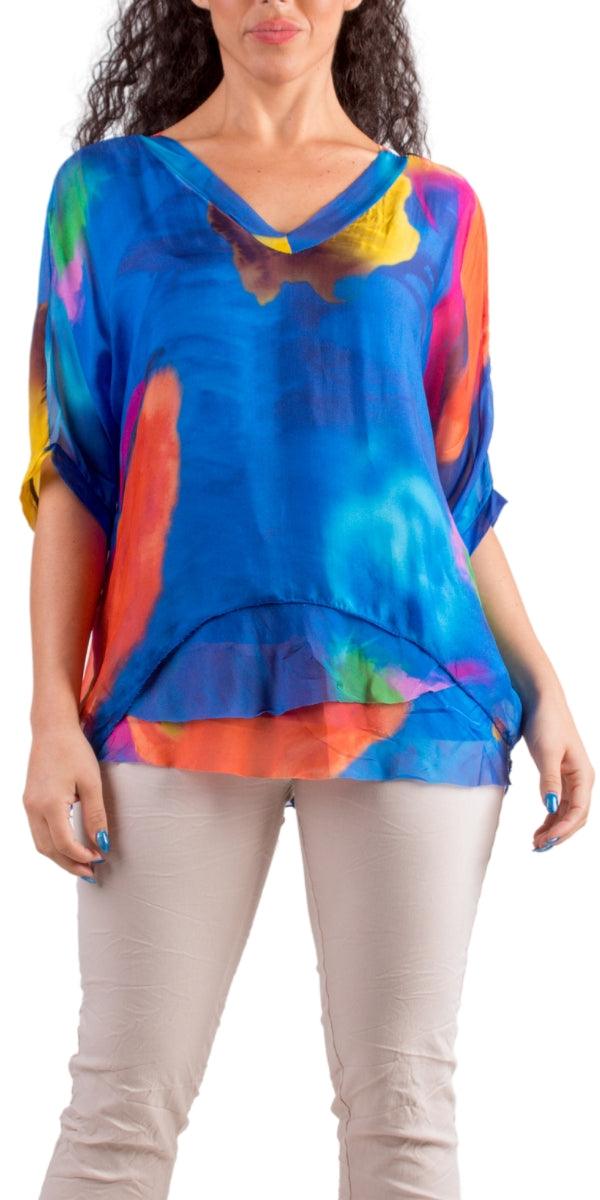 Diana Brushstroke Blouse - Gigi Moda - Made in Italy # 100% silk, animal print, blouse, colorful, colorful print, frayed edge, gigi moda, italian silk blouse, made in italy, silk, silk blouse, silk top