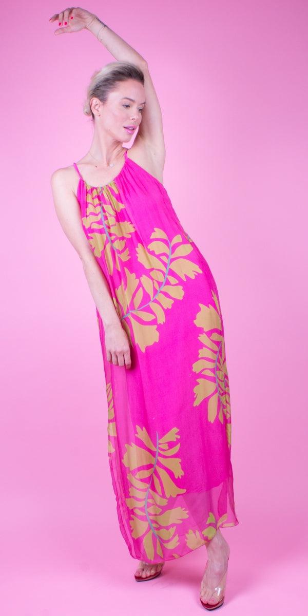 Venus Foglia Dress - Gigi Moda - Made in Italy # 100% silk, Dress, floral, floral design, floral pattern, Floral Print, Long, Made in Italy, Maxi, maxi dress, one size fits most, side slit, Silk, Sleeveless, Slits, Spaghetti Strap, spring, summer