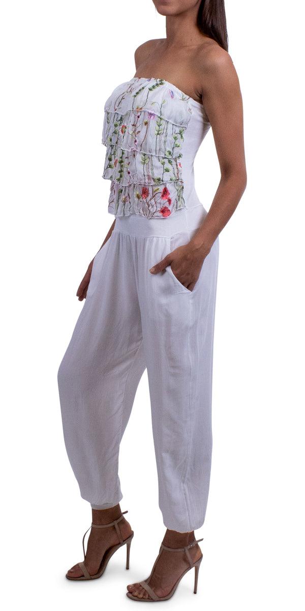 Elba Floral Jumpsuit - Gigi Moda - Made in Italy # banded ankle, Embroidery, Floral, gigi moda, italian apparel, jumpsuit, made in italy, ruffles, strapless, two pockets, viscose