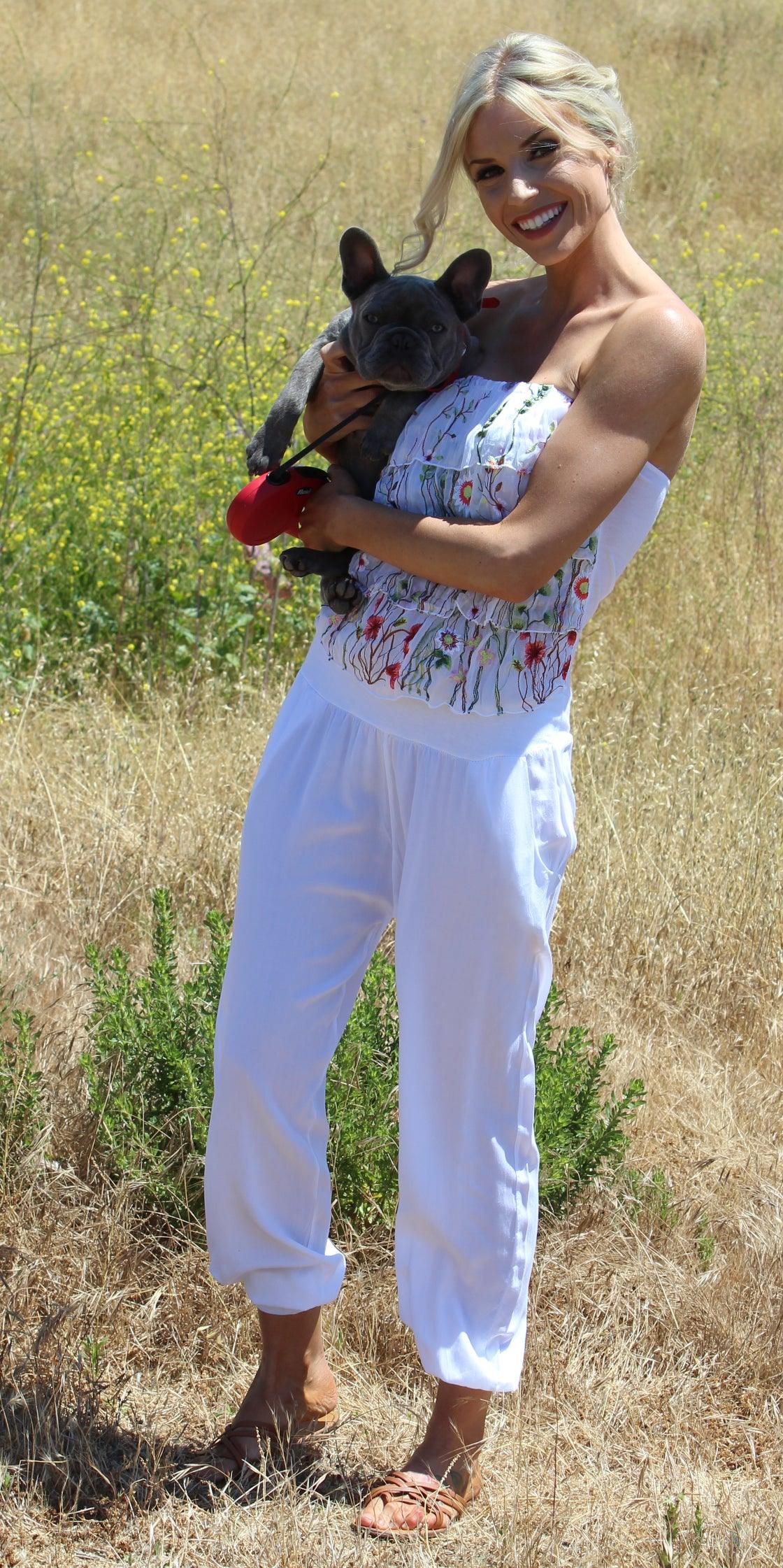Elba Floral Jumpsuit - Gigi Moda - Made in Italy # banded ankle, Embroidery, Floral, gigi moda, italian apparel, jumpsuit, made in italy, ruffles, strapless, two pockets, viscose