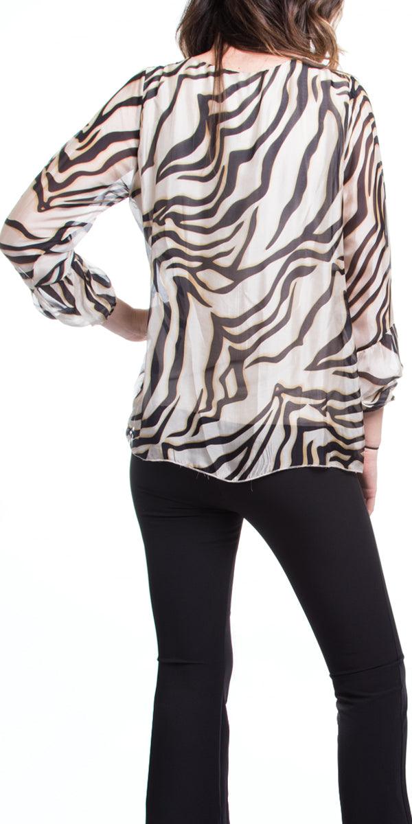 Zebra Top - Gigi Moda - Made in Italy # 100% Silk, Blouse, Gigi Moda, italian top, Made in Italy, OS, Sleeves, zebra print