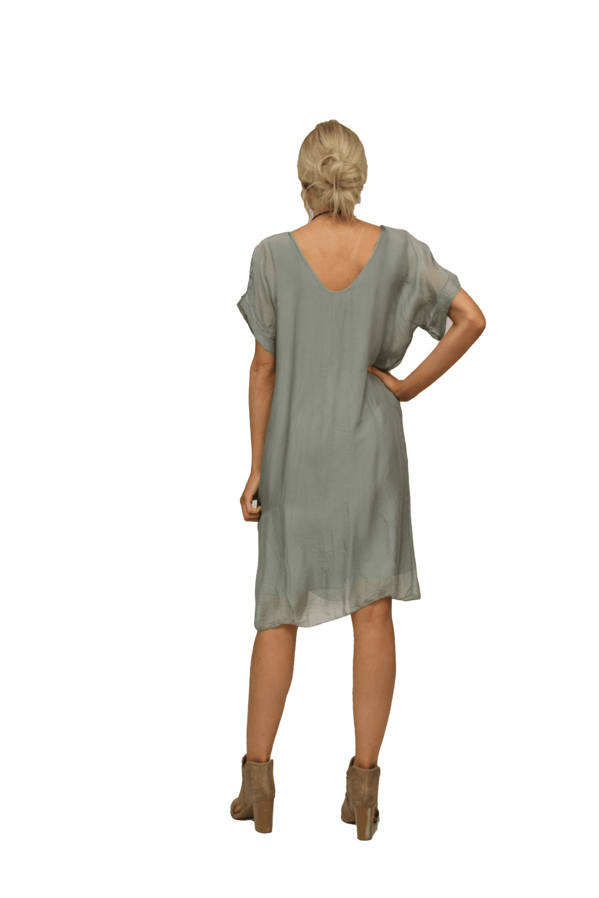 Teramo Silk Dress - Gigi Moda - Made in Italy # 100% Silk, free shipping, italian silk, italian silk dress, knee length dress, lose fitting, Made in Italy, round neck, short sleeve dress, silk dress