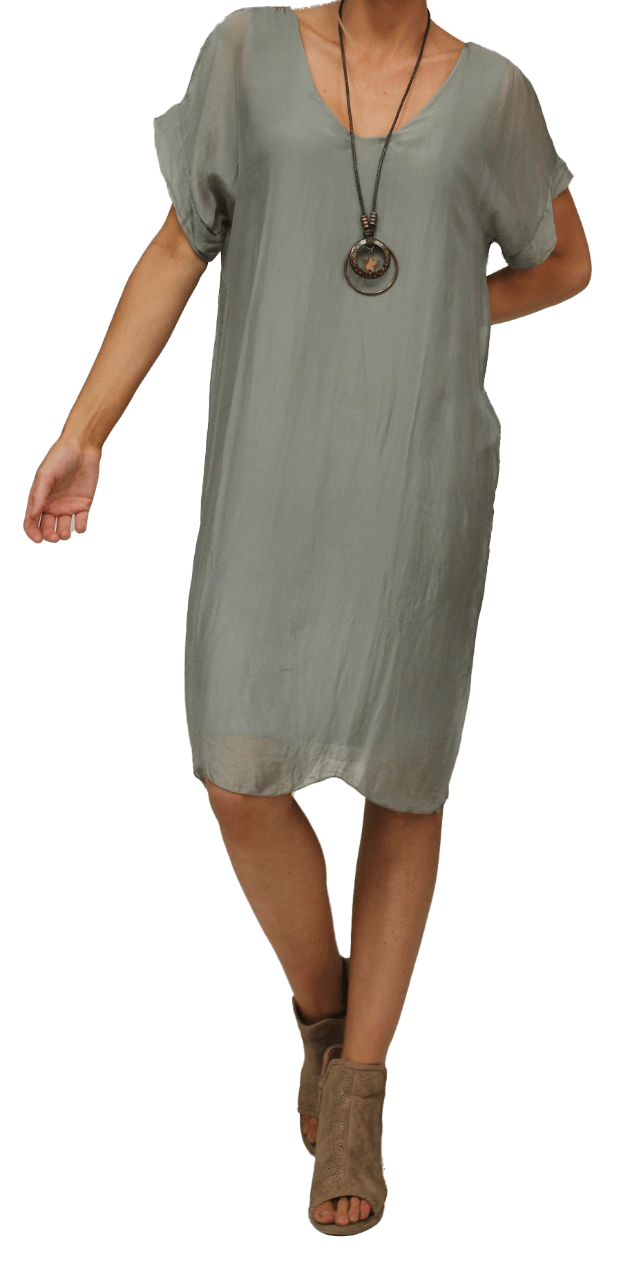 Teramo Silk Dress - Gigi Moda - Made in Italy # 100% Silk, free shipping, italian silk, italian silk dress, knee length dress, lose fitting, Made in Italy, round neck, short sleeve dress, silk dress