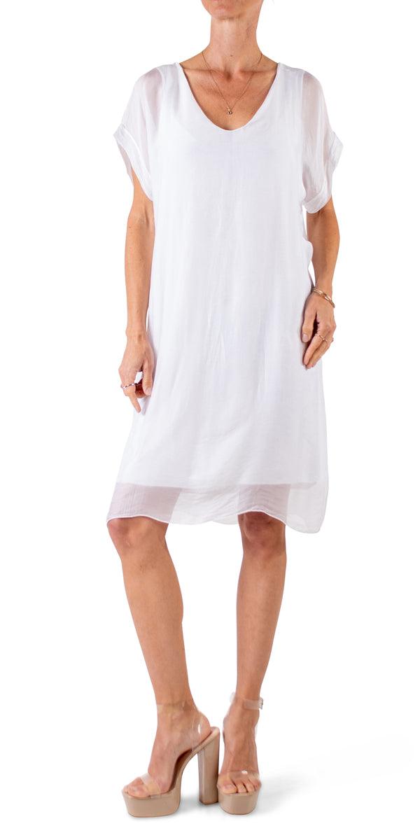 Teramo Silk Dress - Gigi Moda - Made in Italy # 100% Silk, free shipping, italian silk, italian silk dress, knee length dress, lose fitting, Made in Italy, round neck, short sleeve dress, silk dress