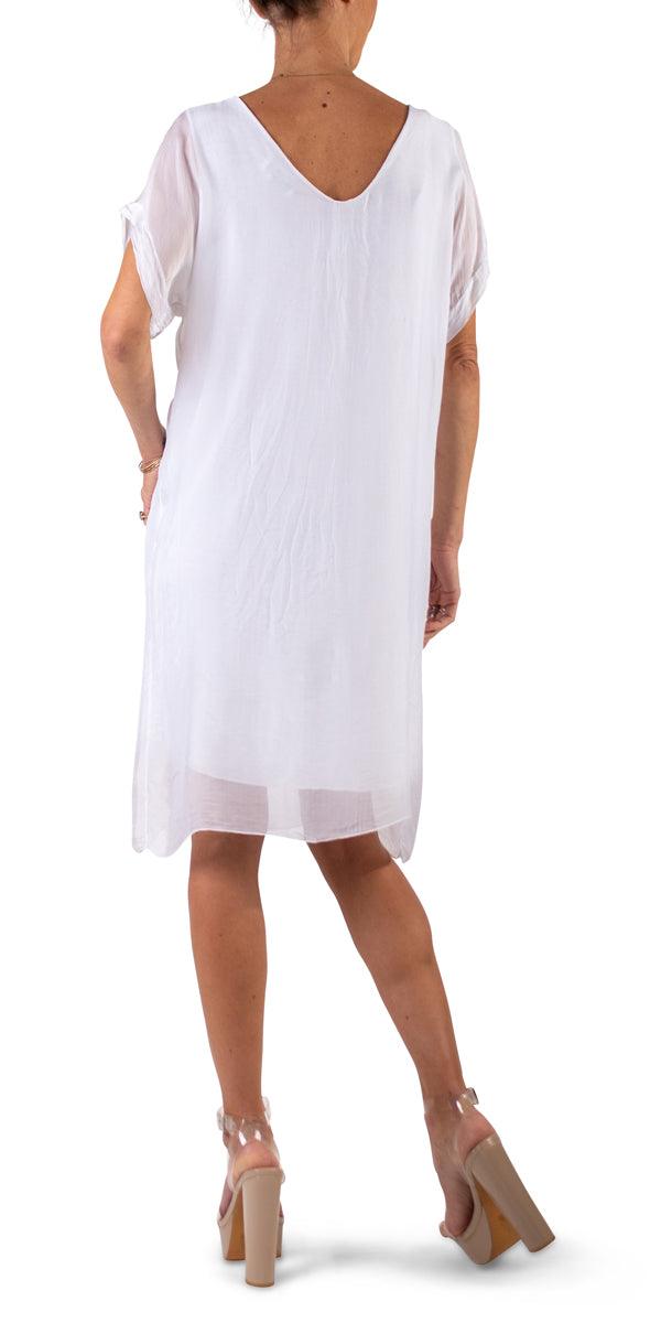 Teramo Silk Dress - Gigi Moda - Made in Italy # 100% Silk, free shipping, italian silk, italian silk dress, knee length dress, lose fitting, Made in Italy, round neck, short sleeve dress, silk dress