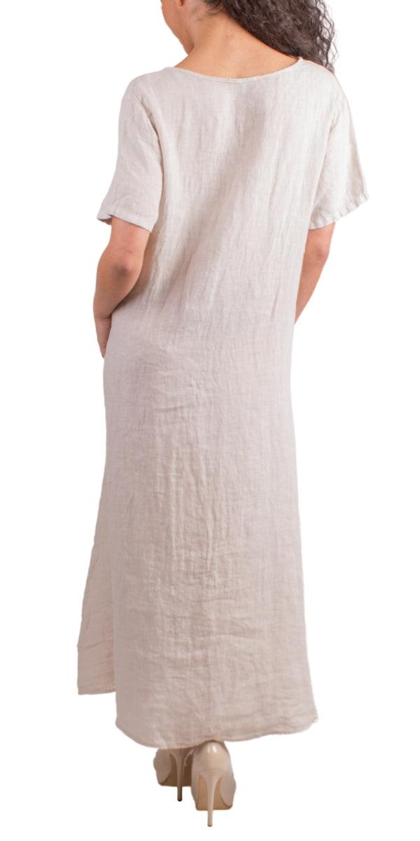 Vedette Linen Dress - Gigi Moda - Made in Italy # 100% Linen, Dress, free shipping, Gigi Moda, Linen, Made in Italy, one size, OS, pockets, resort, resort wear, short sleeve dress, spring, summer, v-neck