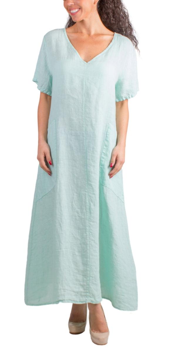 Vedette Linen Dress - Gigi Moda - Made in Italy # 100% Linen, Dress, free shipping, Gigi Moda, Linen, Made in Italy, one size, OS, pockets, resort, resort wear, short sleeve dress, spring, summer, v-neck